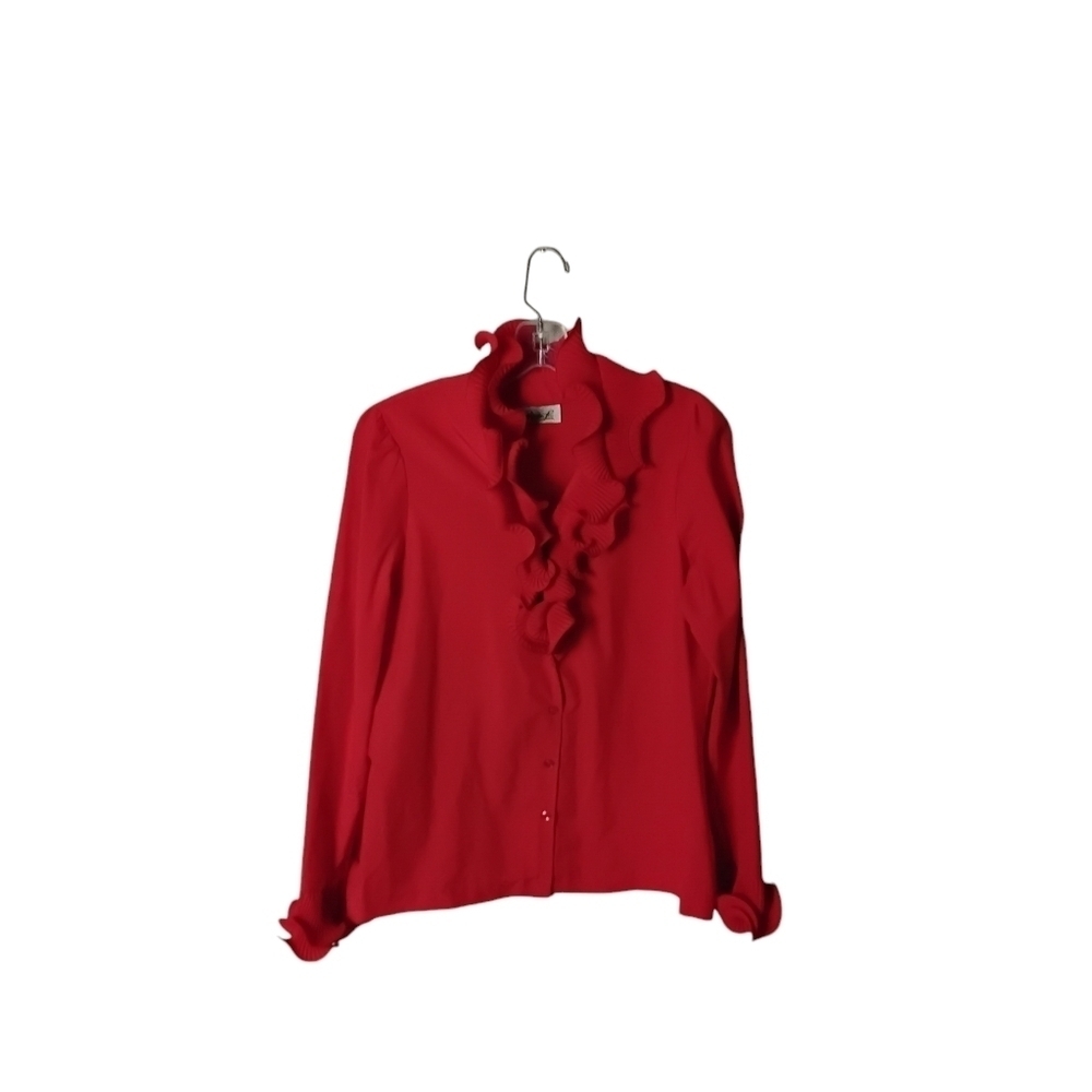 Rhonda Lee Women's Red Royalcore Accordion Pleat Ruffle Button Front Blouse M